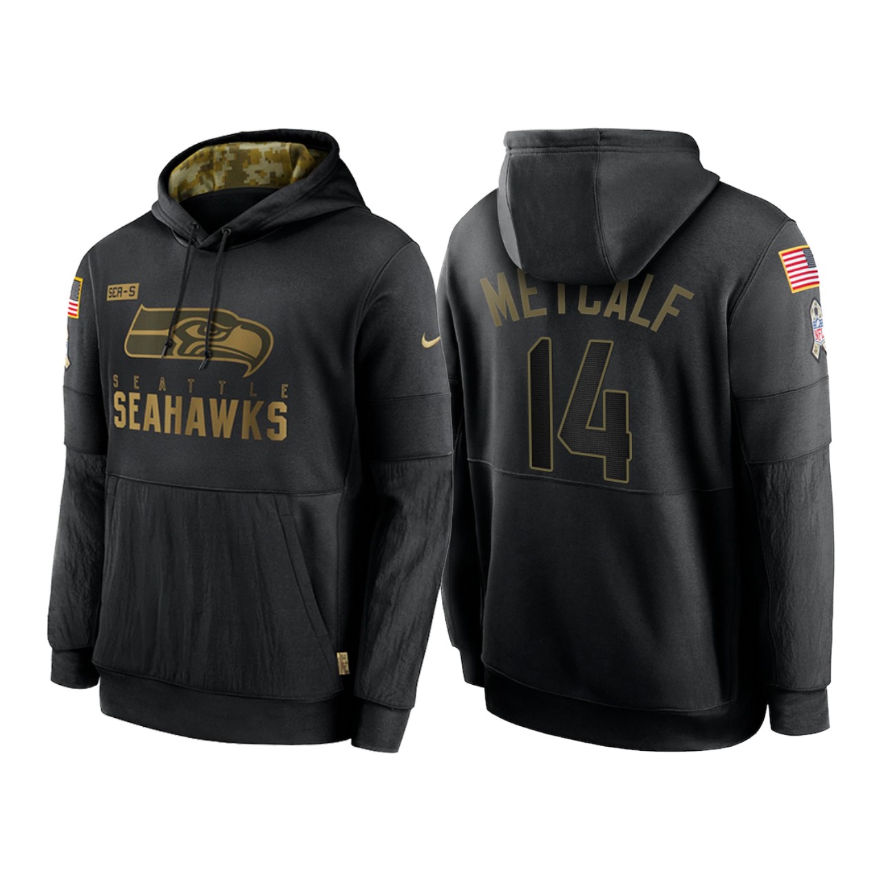 Men's Seattle Seahawks #14 D.K. Metcalf 2020 Black Salute to Service Sideline Performance Pullover Hoodie